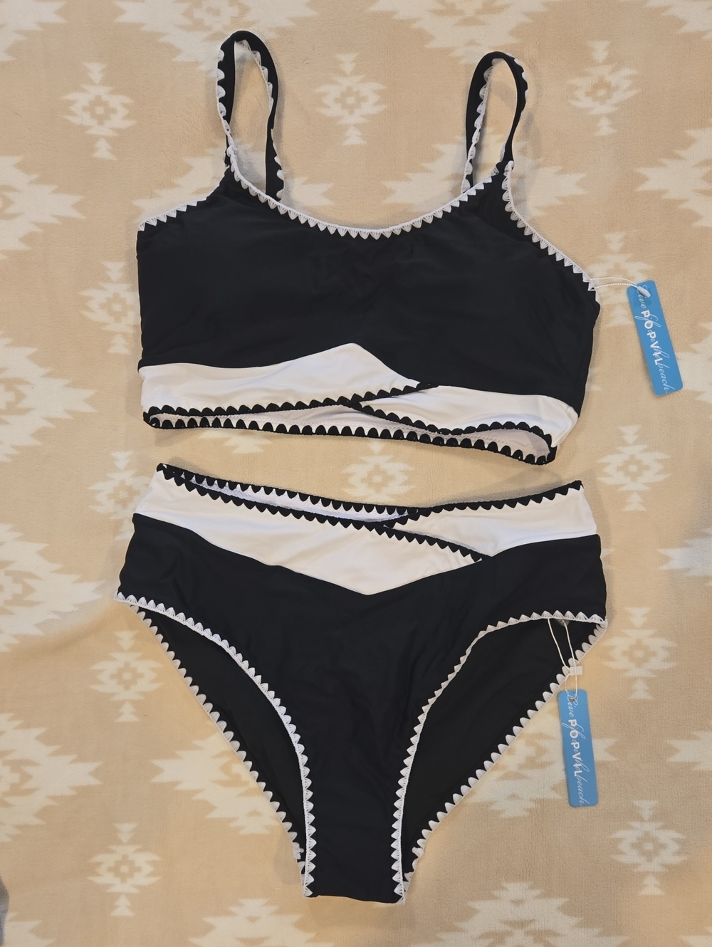 Two-Piece Black and White Scallop-Trim Bikini Set